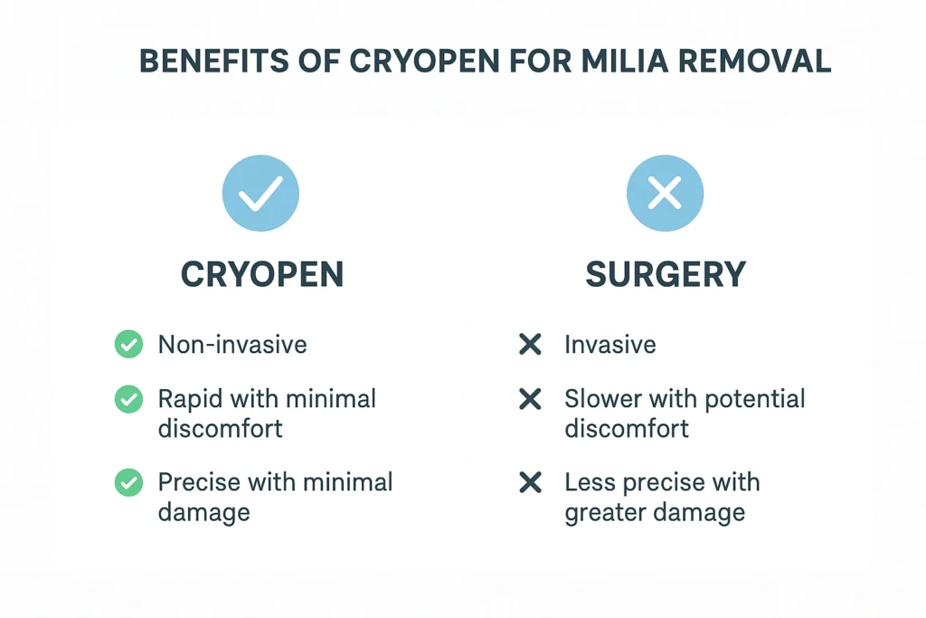 Benefits of cryopen for milia removal Ellesmere Port compared to surgical treatments.