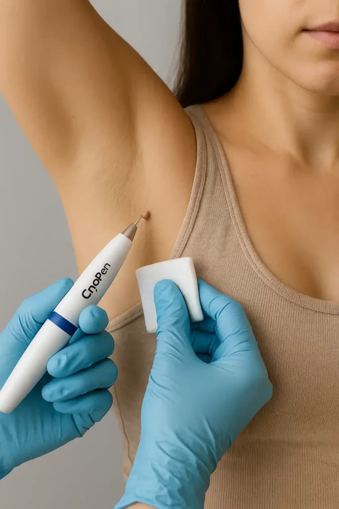 woman having cryopen to remove underarm skin tags Ellesmere Port