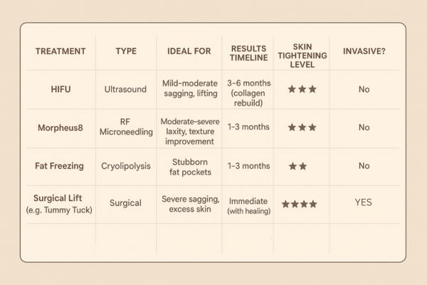 Table showing the comparisons of Skin tightening Ellesmere Port treatment options.